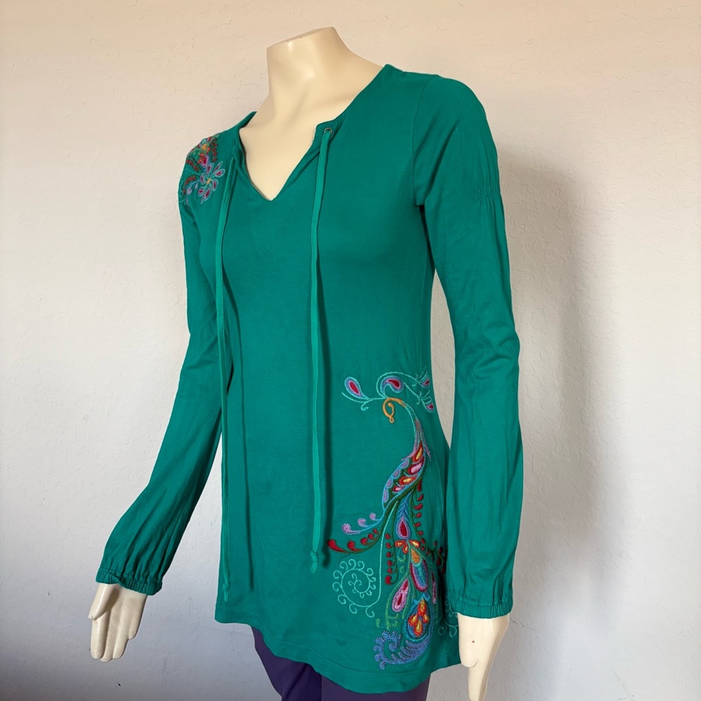 Johnny Was JWLA Womens Tunic Top Size Small Embroidered Boho Peacock
